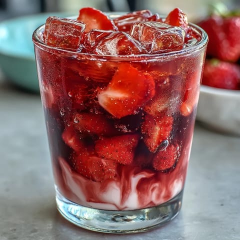 Refreshing pink Starburst-inspired drink with layers of strawberry acai, coconut milk, and lemonade, topped with sliced strawberries.