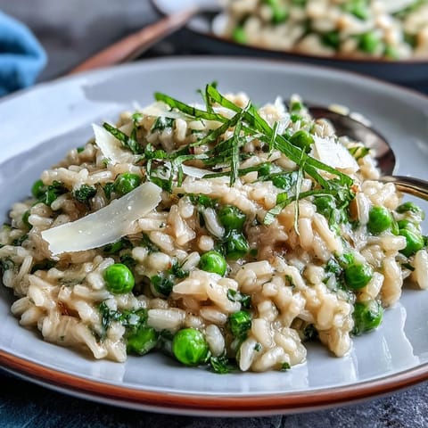 Vibrant green pea risotto topped with grated Parmesan and fresh mint, served with a side of crusty bread.  