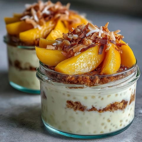 Creamy Skyr Protein Chia Pudding topped with vibrant, fresh mango chunks.