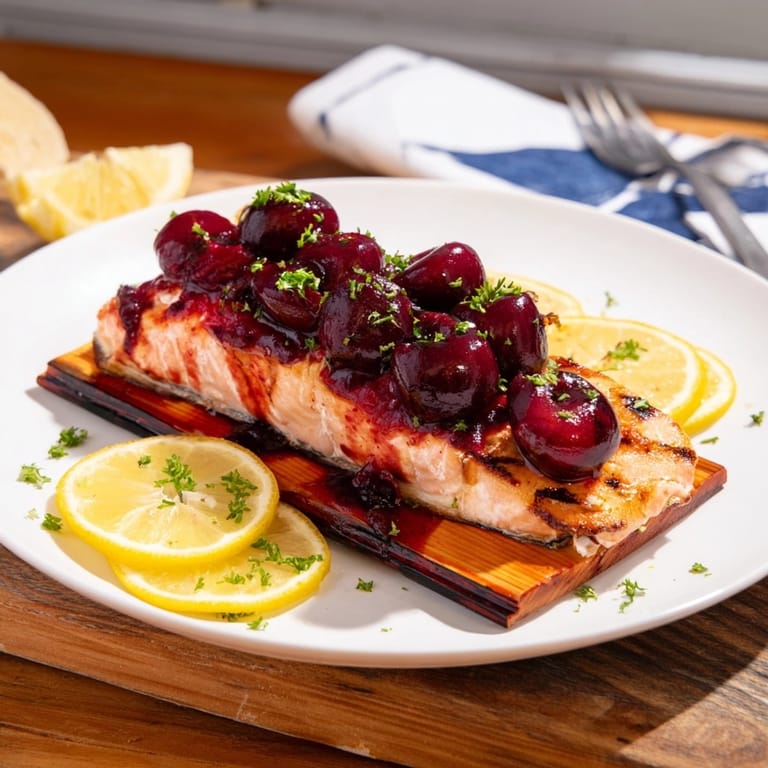 Close-up: Flaky Western Fresh Cedar Plank Salmon and sweet cherry glaze glistening.