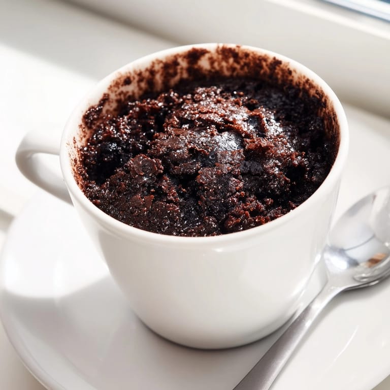 Fudgy Chocolate Mug Brownie, soft and steaming, made from scratch in under sixty seconds.