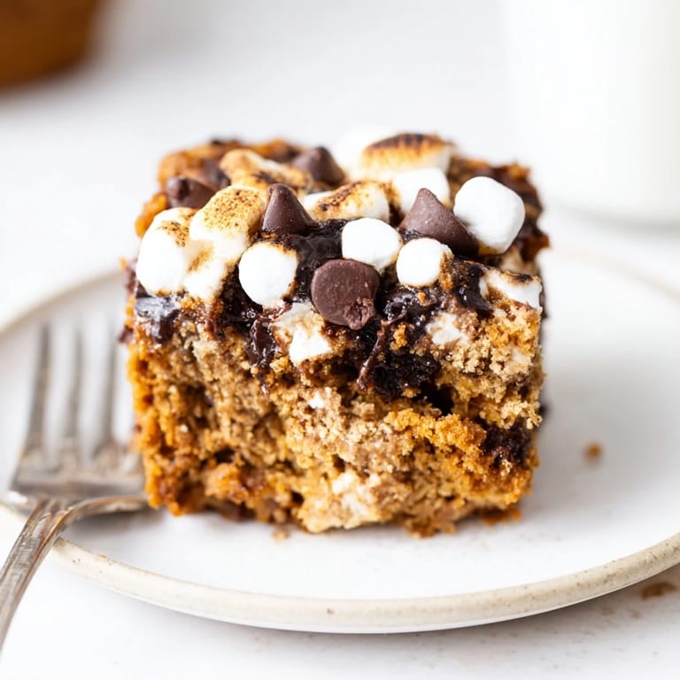 Delicious pumpkin muffin s’mores bars, perfectly baked with chocolate and marshmallow layers.