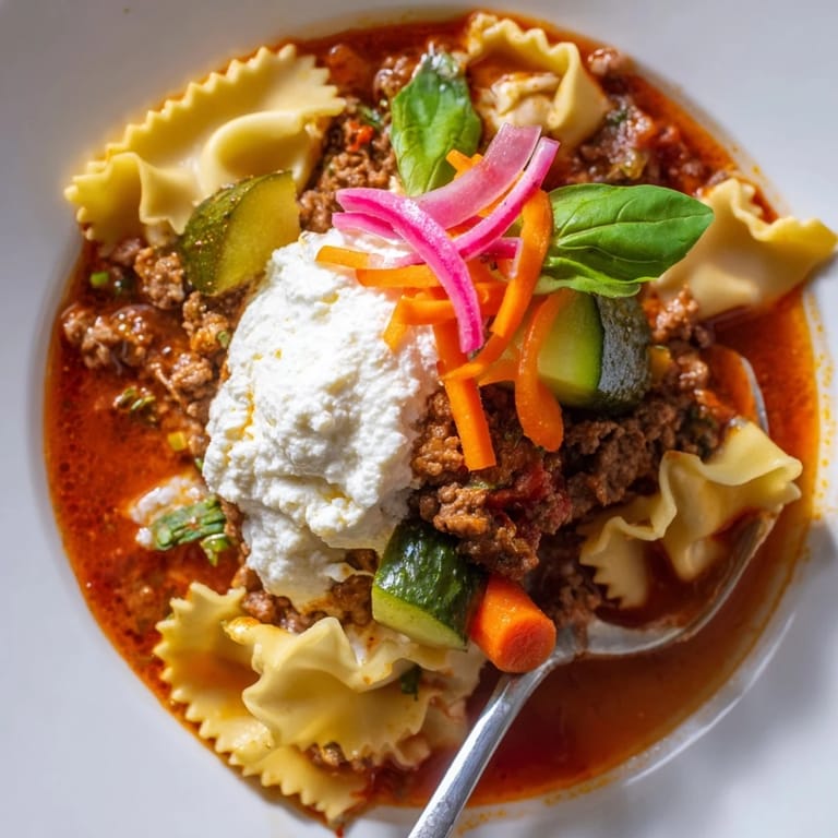 Rich lasagne soup garnished with vibrant pickled vegetables for a delightful twist.