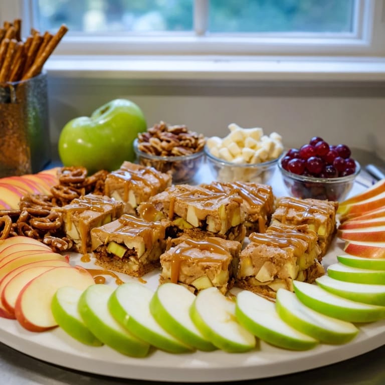 A delightful caramel apple blondie platter with fresh fruit and crunchy accompaniments.  