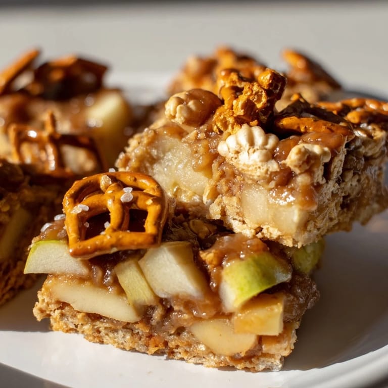 Golden layers of spiced apples and buttery biscuit in Caramel Apple Spicy Pretzel Biscuit Bars.  