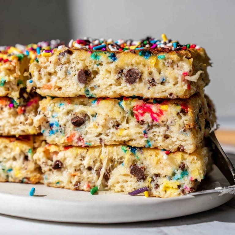 Vibrant Cheesy Monster Cake Pancake Bars, perfect for a festive breakfast treat.  