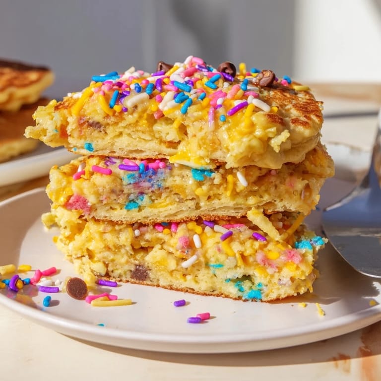 Delicious Cheesy Monster Cake Pancake Bars garnished with chocolate chips and rainbow sprinkles.