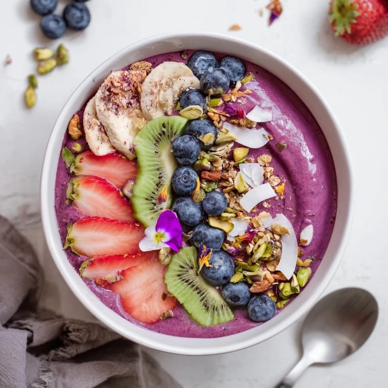 Colorful Vibrant Smoothie Bowls with Unexpected Twists, featuring creamy purple yam and pistachios.  