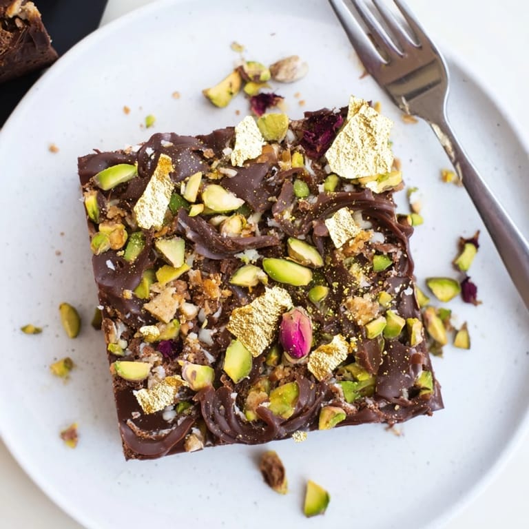 Rich and creamy Chocolate Bar Inspired Creations, adorned with vibrant rose petals and gold.