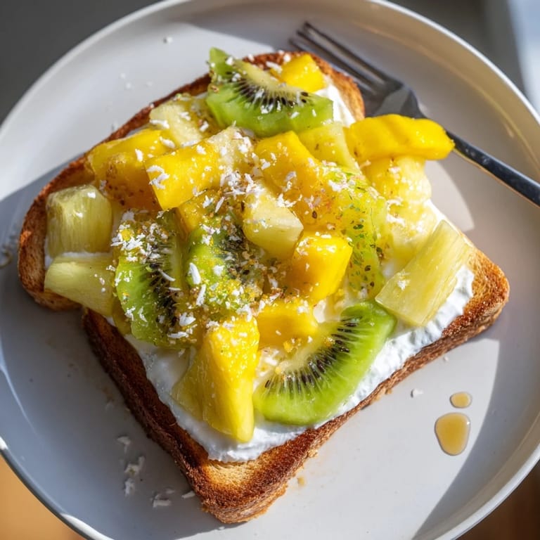 Golden brioche slices filled with coconut yogurt custard, garnished with fresh fruit medley.  