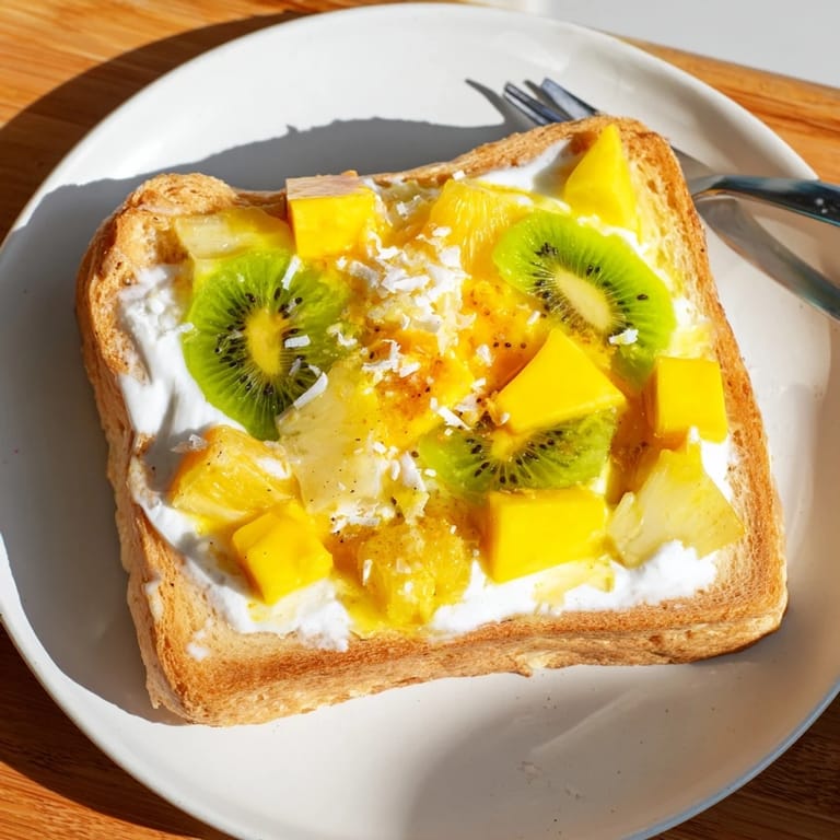 Delicious yogurt-custard toast with mango, kiwi, and a drizzle of honey on top.