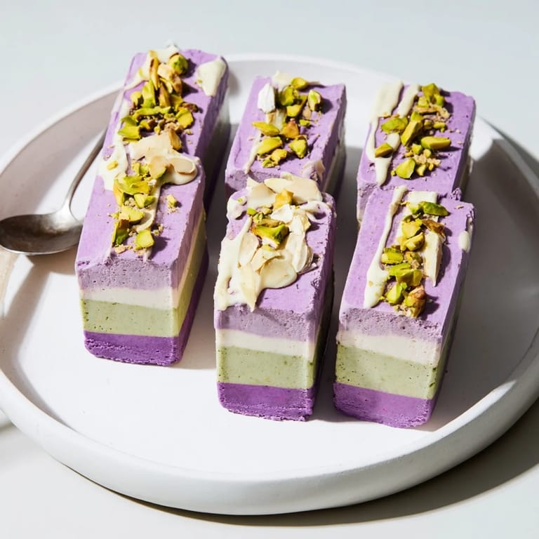 Vibrant ice cream bars showcasing layered ube and pistachio, ideal for gatherings.  
