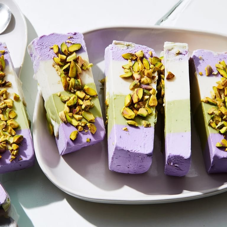 Deliciously rich ube & pistachio ice cream bars drizzled with sweetened condensed milk.
