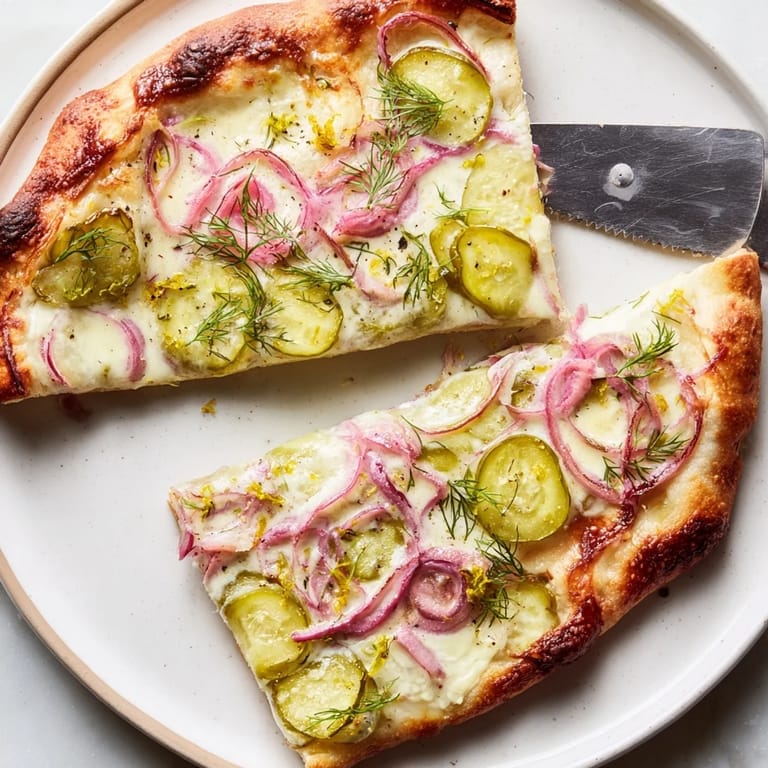 Savory Pickle Pizza with bubbly cheese and crunchy dill for adventurous eaters.