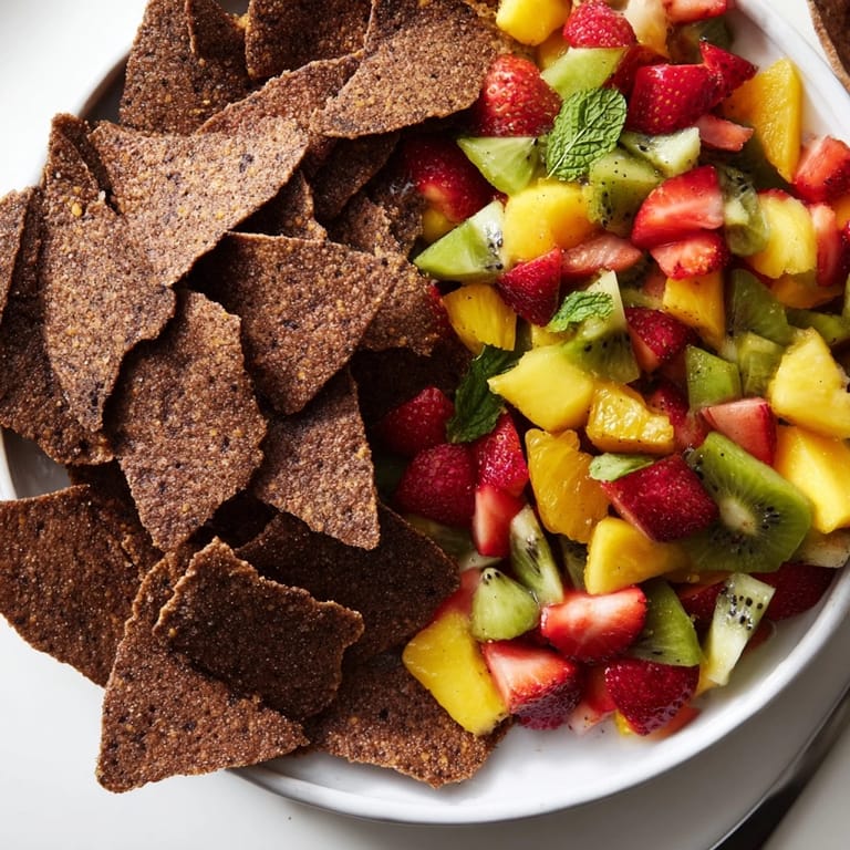 Homemade Dessert Chips & Salsa served with colorful, juicy fruits for a unique treat.