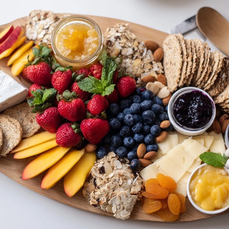 Vibrant jam-infused brunch board featuring fresh fruits, creamy cheeses, and warm breads.  