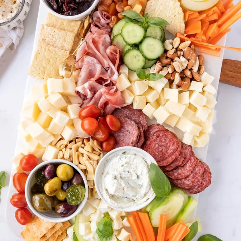 Delicious Girl Dinner Platter filled with vibrant veggies, crunchy nuts, and creamy spreads.  