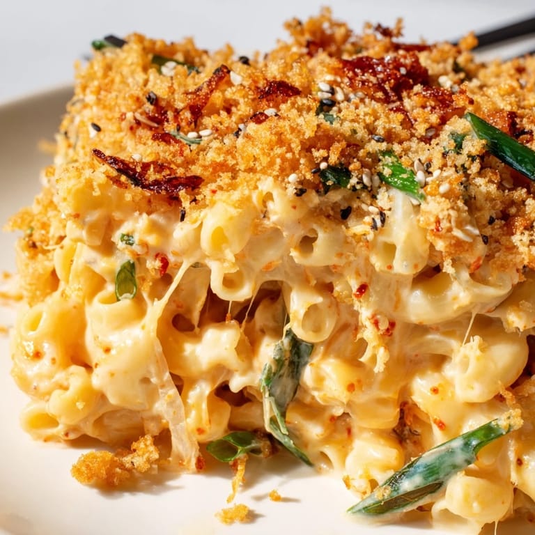 Bold Spicy Kimchi Mac & Cheese served hot, featuring gooey melted cheeses.  