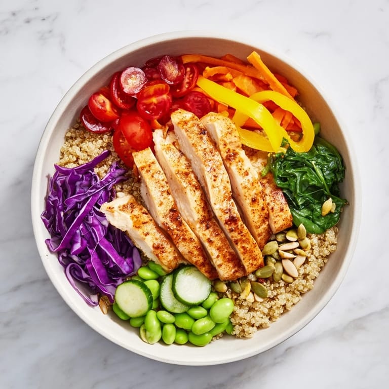 Delicious Healthy Meal-Prep Bowls showcasing layered quinoa, grilled chicken, and fresh toppings.  