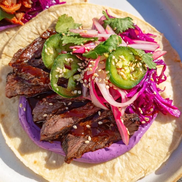 Delicious bowls of Global Street-Food Fusion, showcasing colorful ingredients and creamy ube crema.  