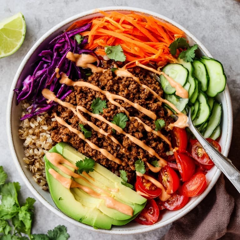 Vibrant plant-based meat bowl drizzled with spicy mayo for extra flavor.