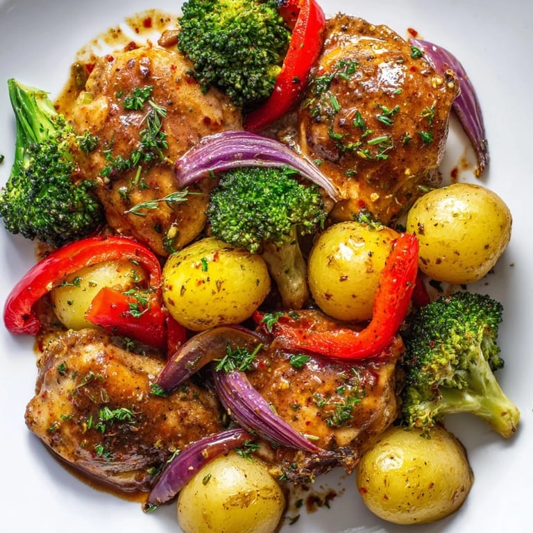 Aromatic Lazy Gourmet Chicken & Vegetable One-Pot with colorful veggies and tender chicken thighs.  