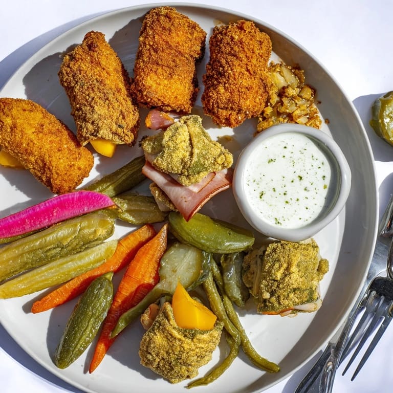 A vibrant assortment of crunchy pickled vegetables beside fried pickles and cheese bites.  