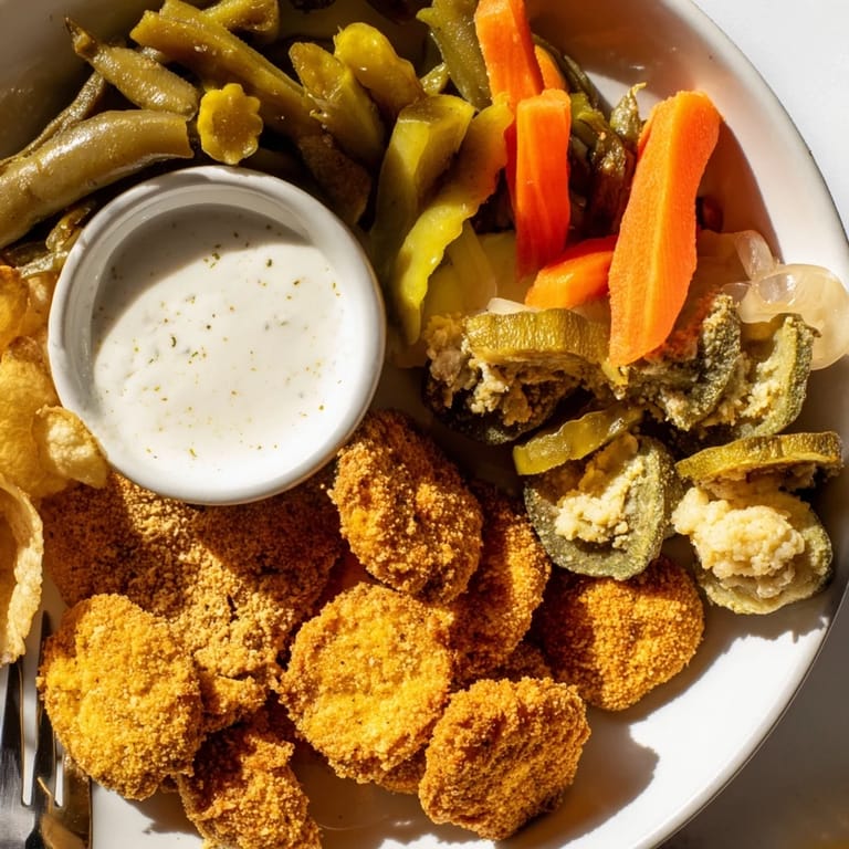 Delicious pickled-wrapped bites resting next to golden fried pickles on a colorful plate.