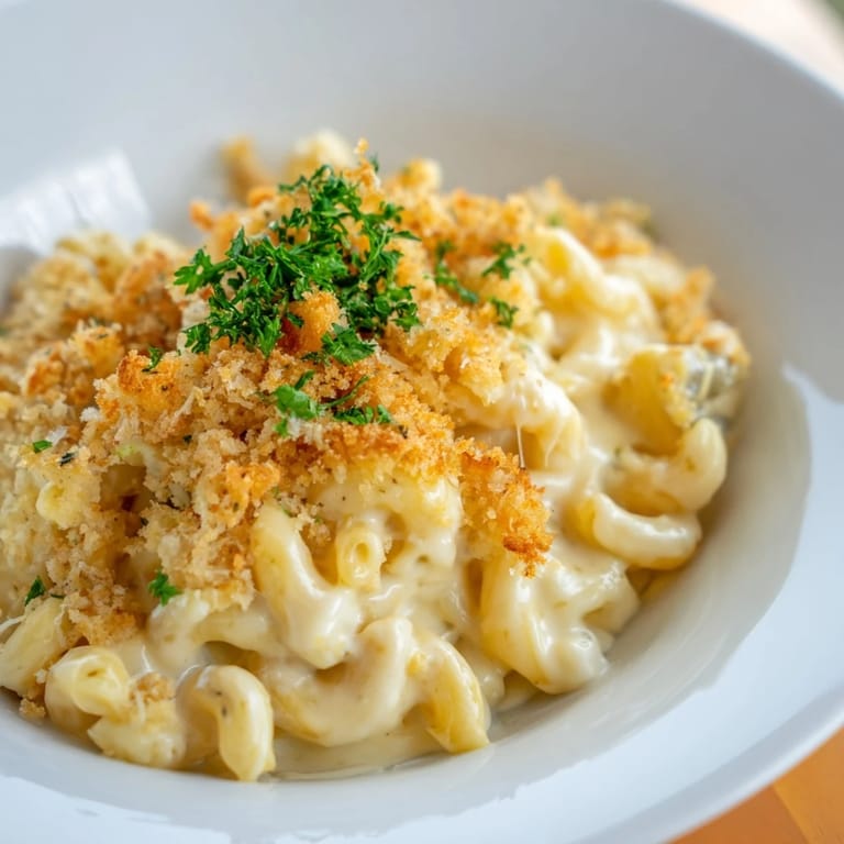 Creamy truffle macaroni and cheese ready to serve with a glass of Chardonnay.  