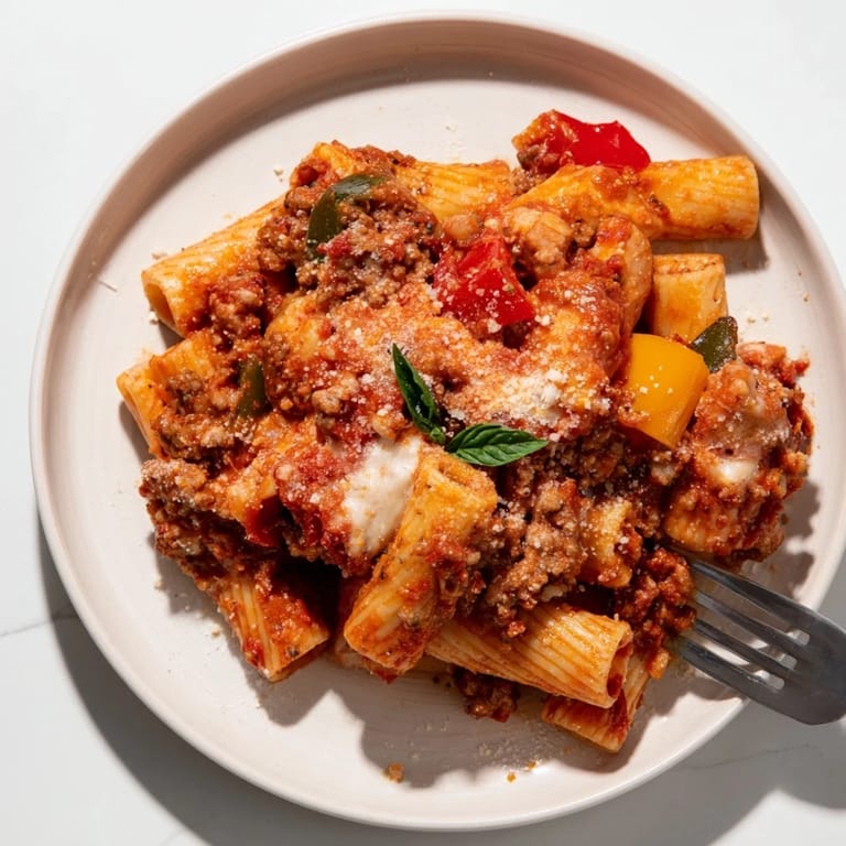 Savory baked rigatoni with sausage and colorful bell peppers in cheesy perfection.