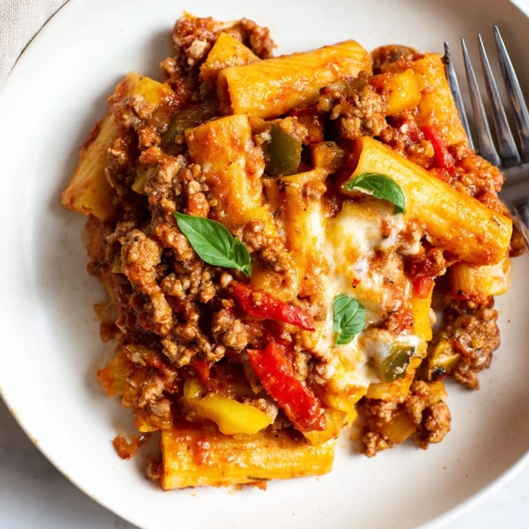 Golden-brown baked rigatoni with sausage, peppers, and rich tomato sauce delightfully served.  