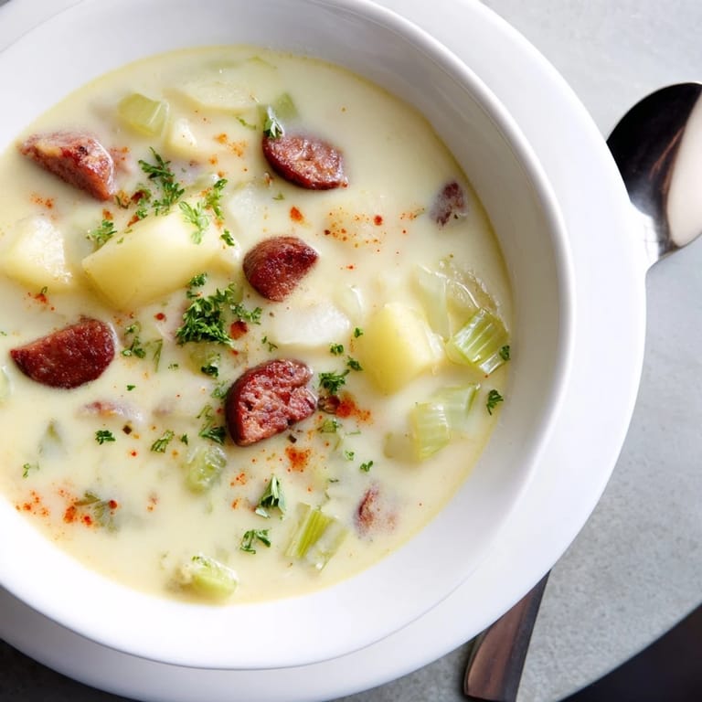 Hearty Potato, Leek & Chorizo Soup Bowl steaming in a rustic bowl on a wooden table.  