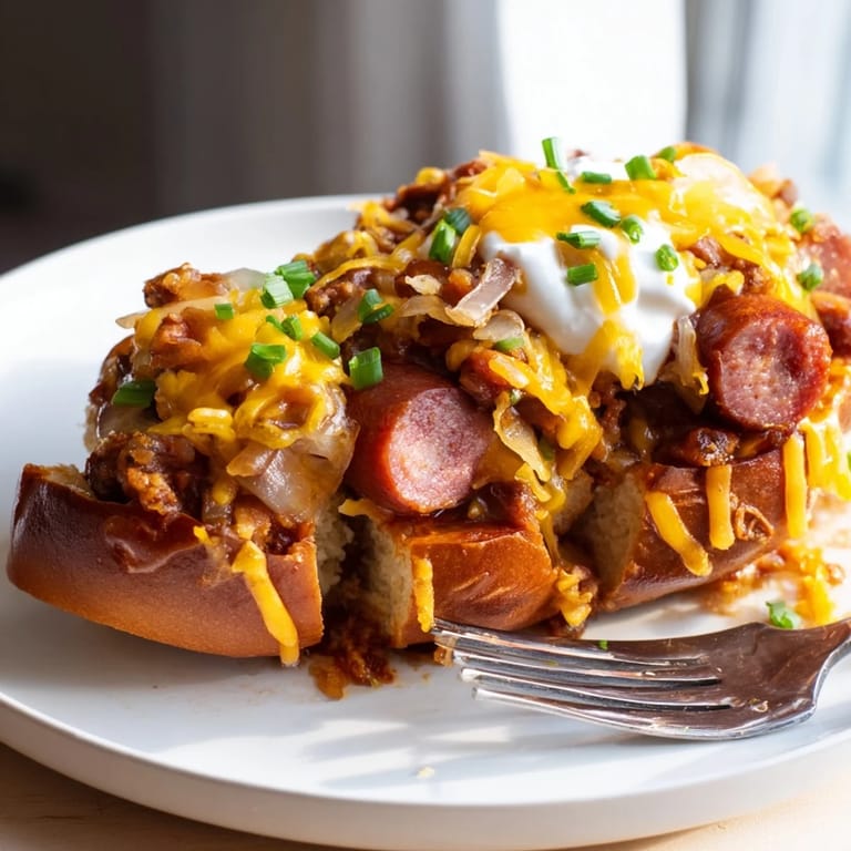 Comfort-food Chili Dog Casserole topped with bubbling cheese and fresh chives.  