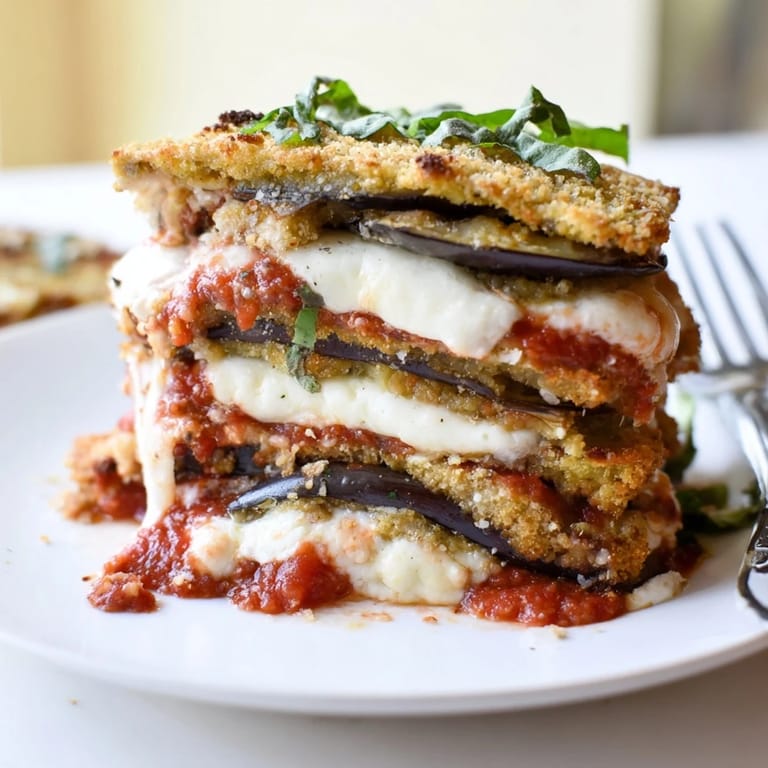 Hearty Eggplant Parmesan Lasagna with crispy edges and bubbling, melted mozzarella cheese.
