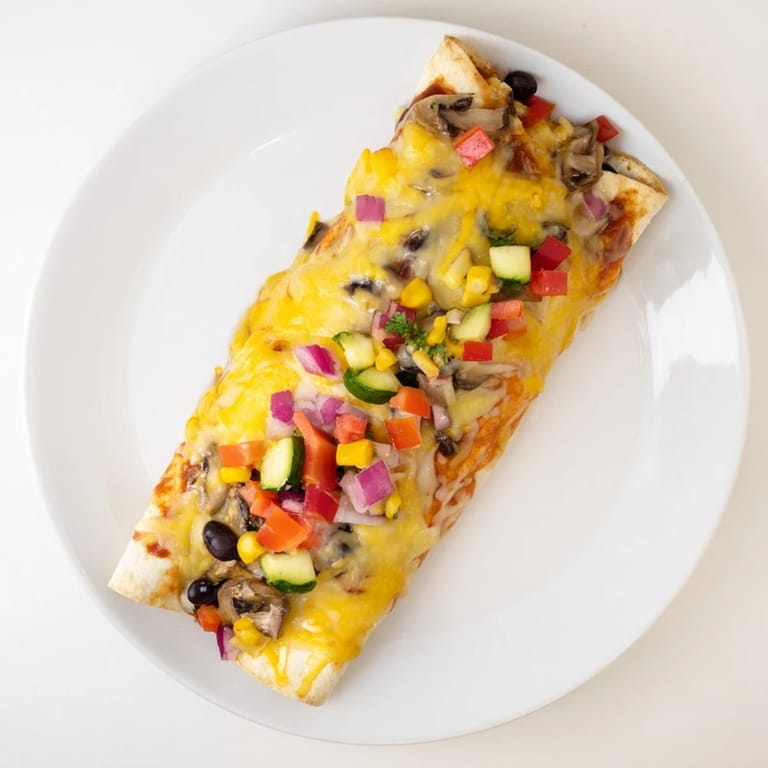 A close-up of cheesy Farmers Market Vegetarian Enchiladas, showing vibrant fillings and fresh cilantro garnish.