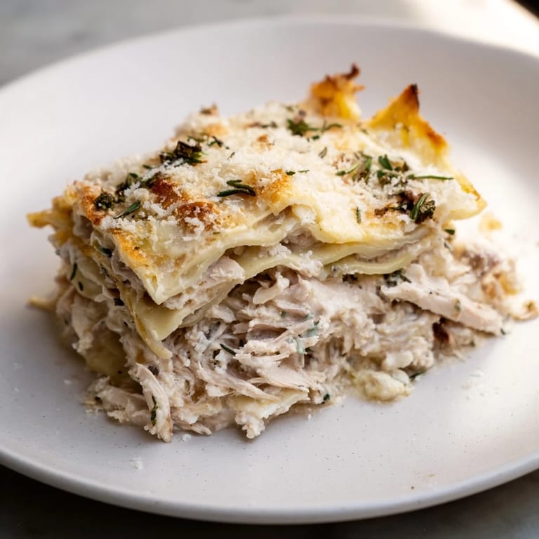 This photo depicts a comforting Rosemary Chicken Lasagna with creamy, layered perfection and herbs.