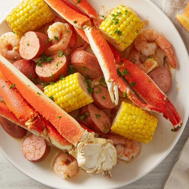 A delicious Southern seafood boil features crab legs, shrimp, and sausage with savory spices and lemon.