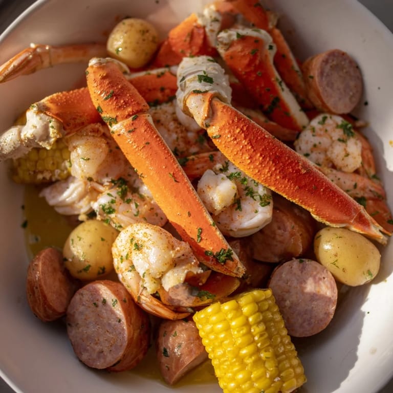 Freshly cooked seafood boil with crab, sausage, and shrimp, perfect for a flavorful summer feast.