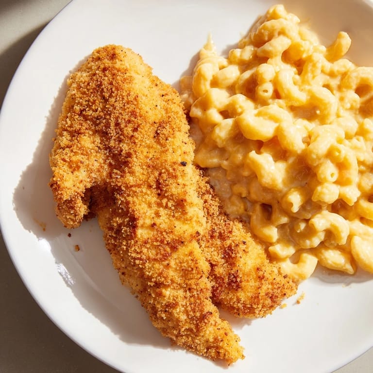 Perfectly fried chicken tenders, alongside warm and cheesy macaroni, make a delicious family dinner.