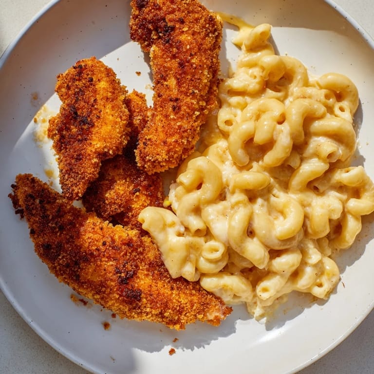 A plate of homemade crispy chicken tenders, expertly paired with flavorful macaroni and cheese.