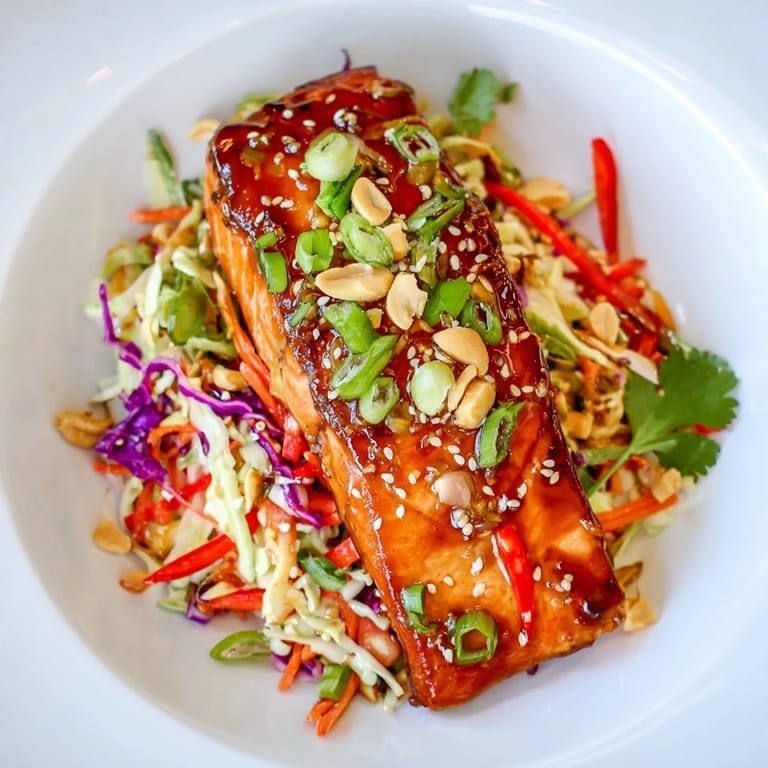 Delicious and flaky Teriyaki Salmon sits on a bed of fresh Asian slaw, ready to eat.