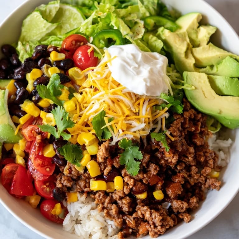 This Loaded Beef Burrito Bowl shows a delicious Tex-Mex meal, featuring a hearty beef layer.
