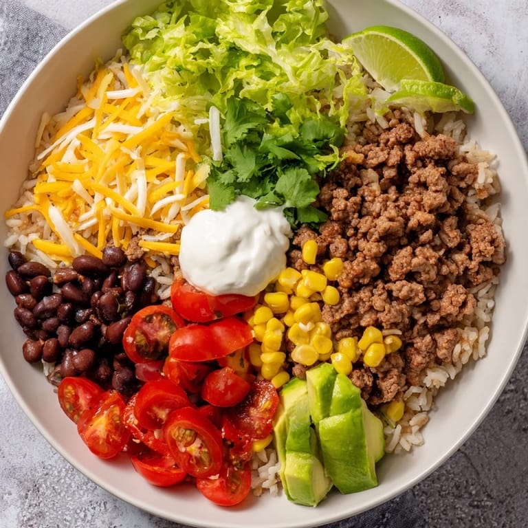 Bright layers of a Loaded Beef Burrito Bowl with cheddar cheese, cilantro, and creamy sour cream top it off.