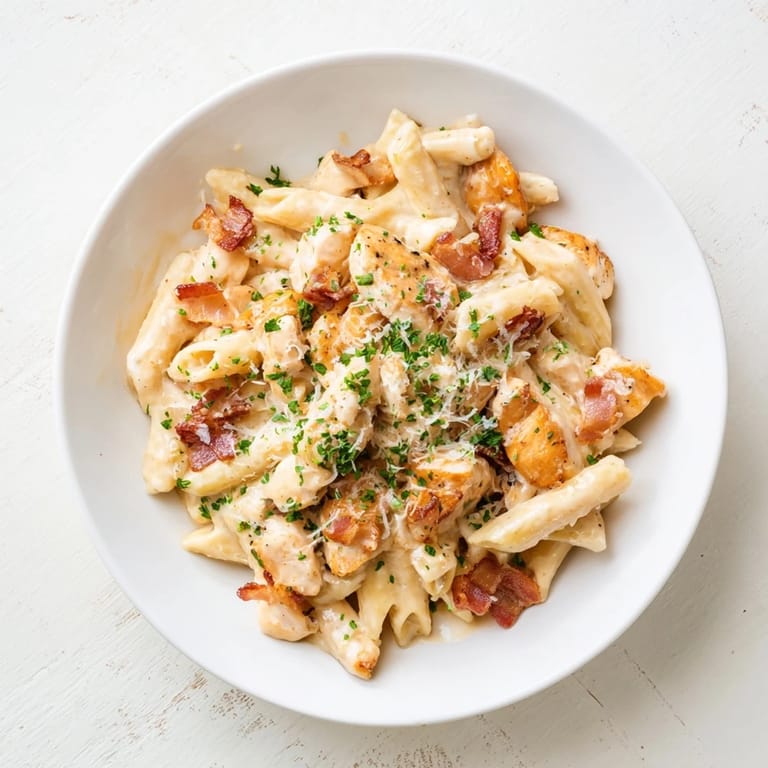 Golden, cheesy Ranch Chicken & Bacon Penne topped with Parmesan, offering a satisfying and flavorful pasta dinner.