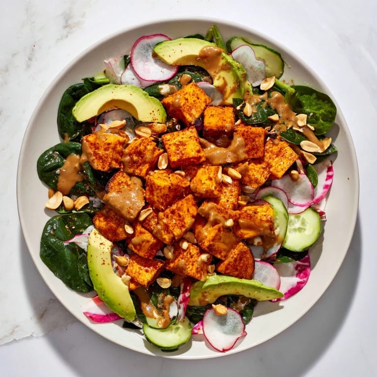A close-up of a colorful Spiced Peanut Sweet Potato Salad Bowl, brimming with fresh, healthy ingredients and peanuts.