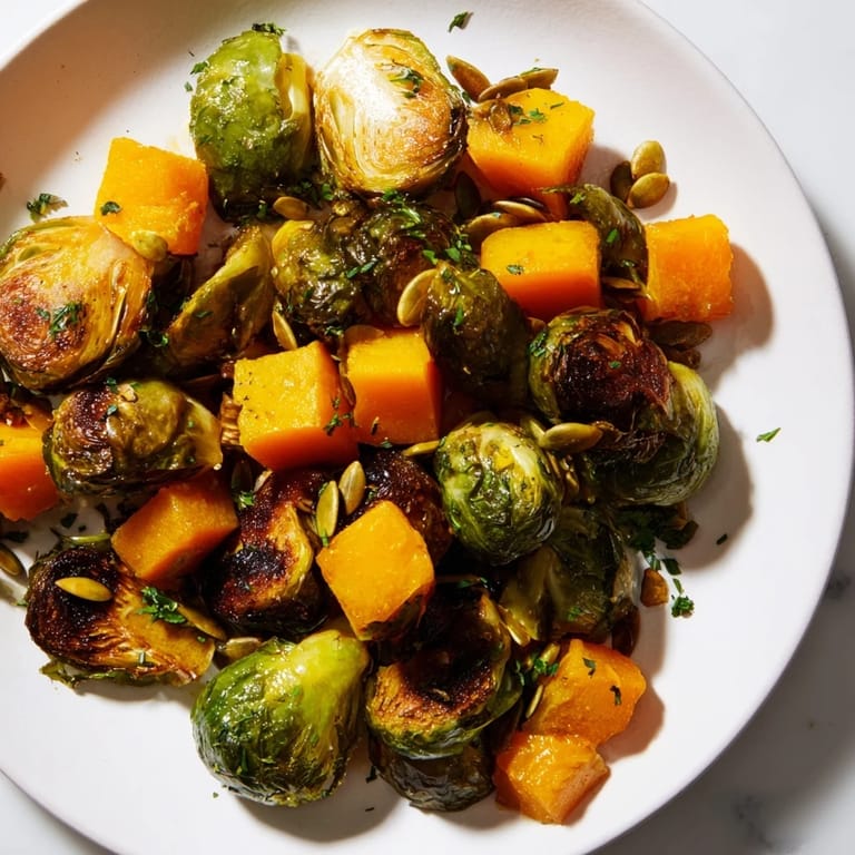 Bright orange dressing coats the roasted Brussels sprouts and butternut squash; a healthy side.