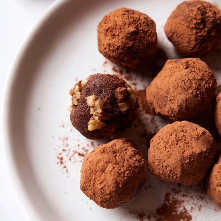 Enjoy these vegan Date & Walnut Truffles, delightfully rolled in cocoa, for a perfect sweet treat.