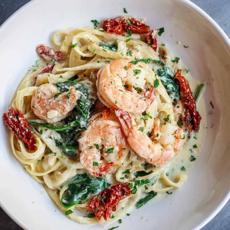 A steaming bowl of Tuscan Garlic Shrimp Pasta, featuring vibrant red sun-dried tomatoes and herbs.