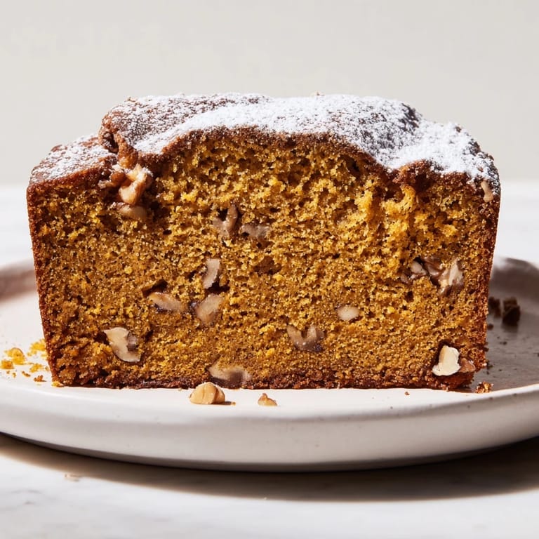 A freshly baked, golden brown pumpkin bread loaf, inviting aroma, ideal for sharing with friends.