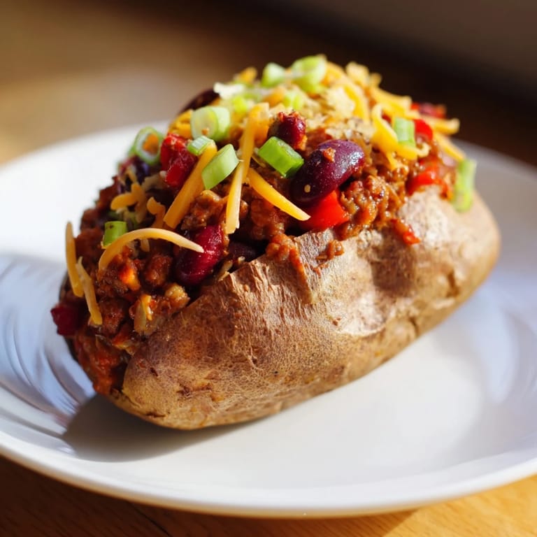 Hearty Chili-Style Baked Potatoes, a comforting vegetarian meal featuring a vibrant chili blend over baked russets.